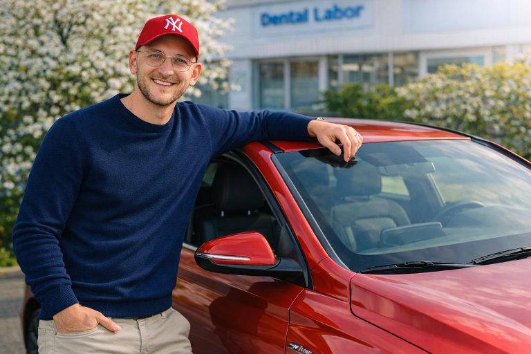 Inhaber mt-produktion vor dem Fahrzeug